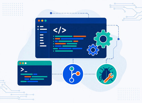 Software Development And Coding Process With Debugging And Version Control, Programmer Workspace Concept Illustration