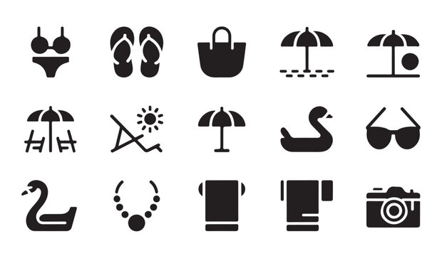 Summer vacation solid black icons for creating travel flyers beach party posters and website menu layouts.