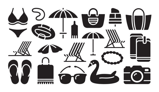 Beach resort activities black silhouette icons collection for planning summer vacation and swimming layout.