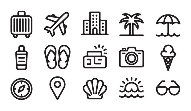 Travel and summer tourism line icons pack for map interfaces holiday booking systems and app design ui.