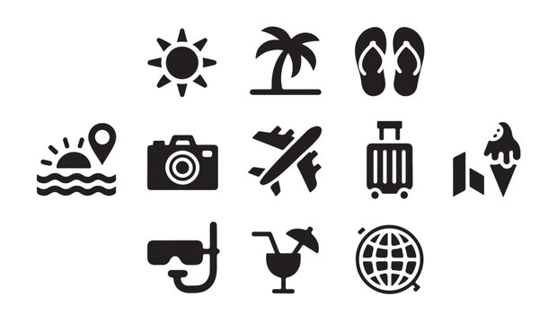Summer beach holiday and tropical resort icon collection with black silhouettes of palm trees and flip flops.