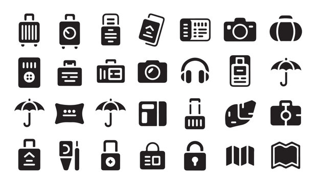 Travel and tourism black silhouette icons set featuring luggage cameras umbrellas locks maps for vacation planning.