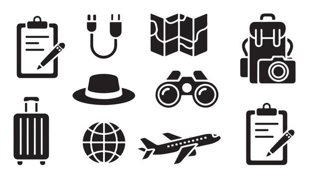 Collection of flat black travel icons including backpacks cameras binoculars maps planes and travel documents.