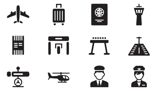 Aviation symbols set showing airplanes luggage and pilot icons for airport operational management tasks.