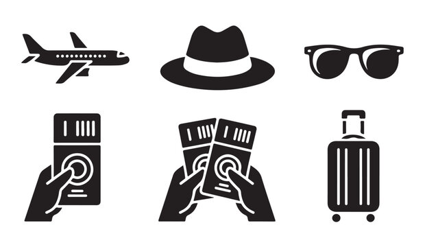 Airlines boarding pass and travel essentials icon collection featuring black silhouettes of hat and glasses.