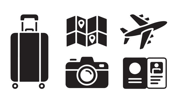 Business trip and vacation planning icon set containing black silhouettes of folding map suitcase and camera.