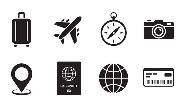 Travel equipment and documentation icons set with black silhouettes including suitcase passport and compass.