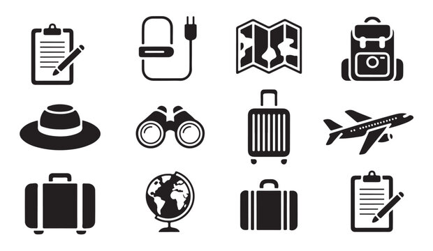 Set of travel and planning icons featuring suitcases cameras global map hat airplane and checklist documents.
