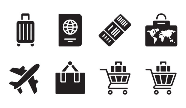 Essential travel gear icons featuring suitcases passports and tickets for vacation planning purposes.