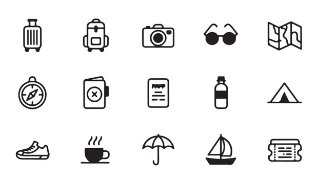 Travel line icon set featuring essential luggage passport camera maps and camping gear for vacation planning layout.