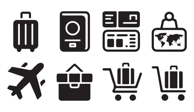 Airport travel icons set featuring luggage passports and airplanes for vacation and holiday logistics.