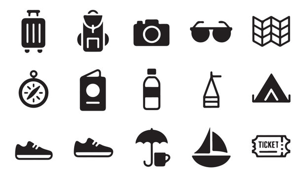 Black travel icon set including luggage backpack camera sunglasses map compass passport bottle tent sailboat ticket.