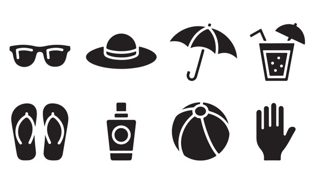 Summer vacation icons featuring sunglasses straw hat beach umbrella cocktail flip flops sunscreen ball and hand sign.