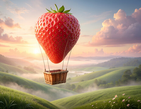 Giant strawberry floating like hot air balloon over green hills
