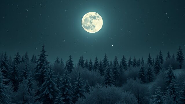 Full moon shining over winter forest at night