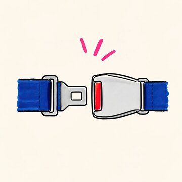 Fastened seat belt buckle with blue straps in bold line art