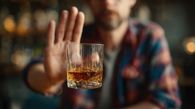 man refuses say no and avoid to drink an alcohol whiskey , stopping hand sign male, alcoholism treatment, alcohol addiction, quit booze, Stop Drinking Alcohol. Refuse Glass liquor, unhealthy, reject