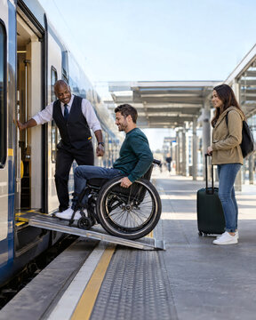 Wheelchair User Boarding a Train with Staff Assistance