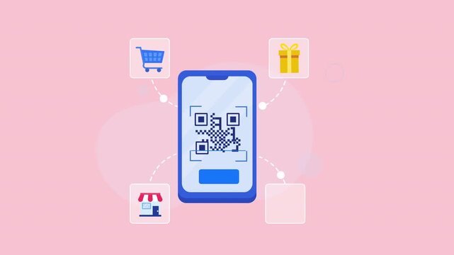 Flat vector animation showing a smartphone scanning a QR code connected to shopping cart, gift, storefront, and discount coupon icons for mobile commerce and contactless payments.