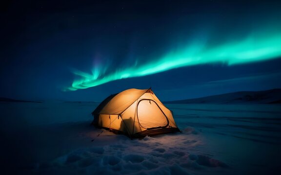 Illuminated camping tent glowing under vibrant aurora borealis in a snowy landscape.