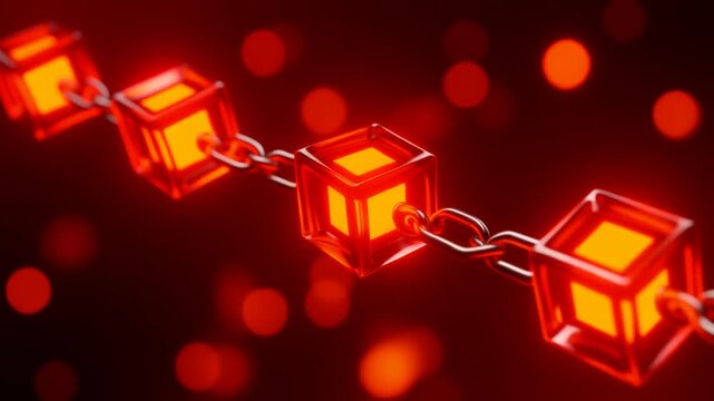 対角線に広がる透明な光るキューブチェーンが幾何学的な美しさと暖かなライティングでドラマチックな陰影を生み出す光景