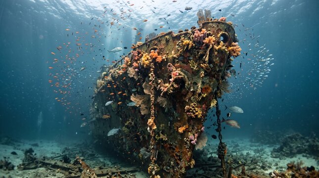 Coral-Encrusted Shipwreck Bow With Fish Schools