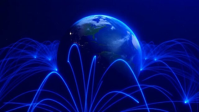 静寂な宇宙空間と青く光る大気の中で輝く無数のネットワークラインが圧倒的な奥行きと未来的な躍動感を与える光景