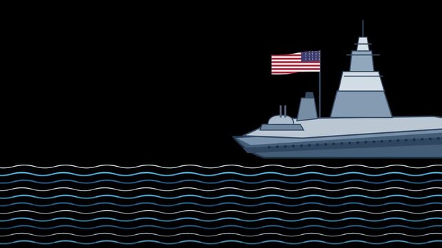 A stylized illustration of a modern military naval warship sailing on water with an American flag.