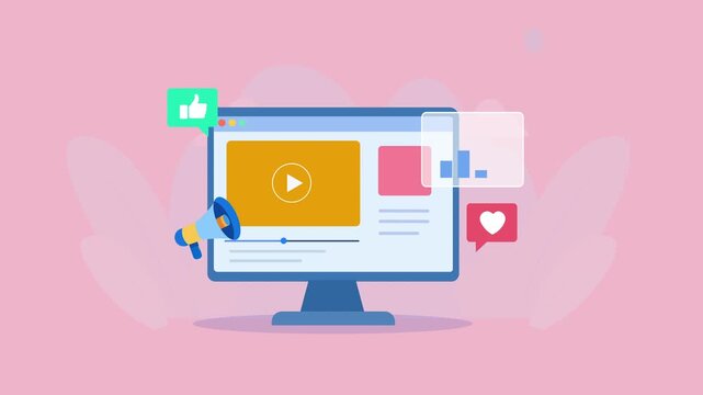 Flat vector animation showing a desktop monitor with a video player, megaphone, like icon, heart notification, and analytics chart for social media marketing and audience engagement.