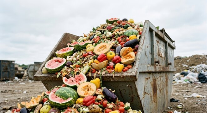 Large Pile of Organic Food Waste Consisting of Rotting Vegetables and Fruits Overflowing from an Industrial Metal Dumpster in a Landfill, Concept of Global Food Insecurity and Environmental Issues