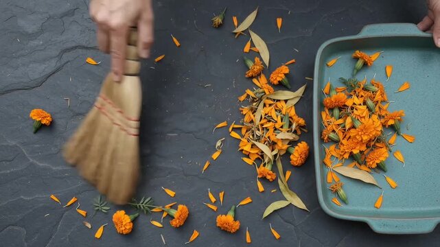 Gardener sweeps orange marigold petals into ceramic tray for drying