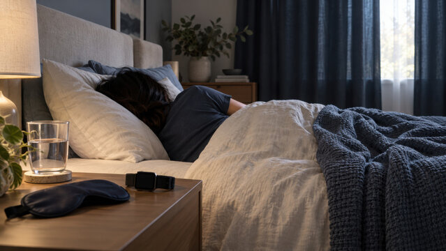 Sleeping person in cozy bedroom with health and tech items on nightstand, soft visuals create calm and restful atmosphere