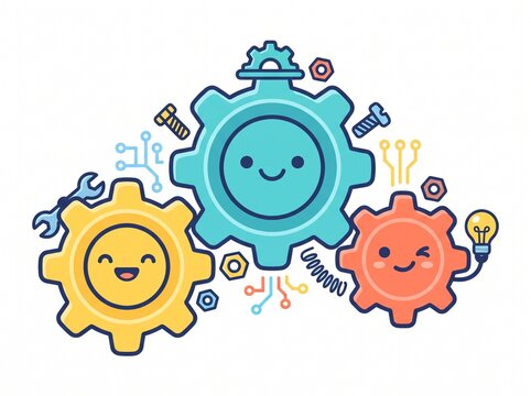 Cute cartoon gears with smiling faces, wrench, bolts, and lightbulb vector illustration