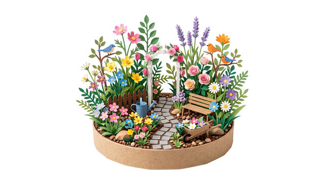 Papercraft garden diorama, miniature paper art flower garden scene, intricate handcrafted paper plants and bench isolated PNG with Transparent Background