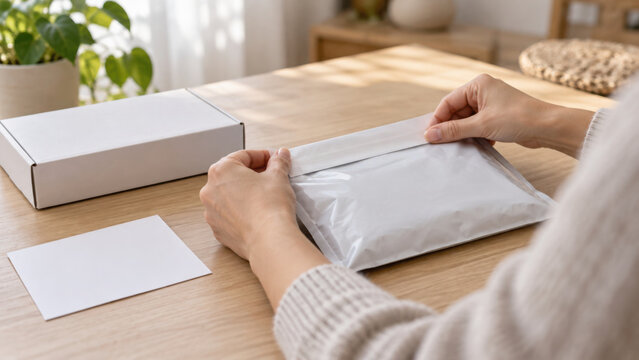 Person sealing white poly mailer on wooden table with box and card nearby showing health tech visuals