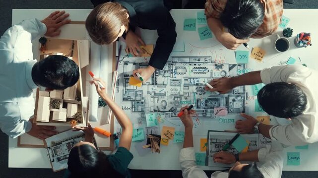 Top aerial view of project manager or civil engineer writing at blueprint and planning building design. Aerial view of architect working together at meeting table with document placed. Alimentation.