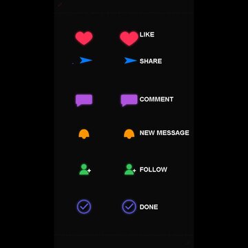 Animated neomorphic social media notification icons for vertical video overlays with follow like and comment