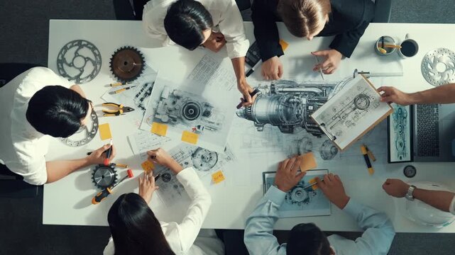 Top view of engineer pointing at turbine engine at meeting table with equipment. Aerial view of professional project manager talking and discussing about electronic generator system. Alimentation.