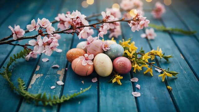 Pastel easter eggs arranged with cherry blossom branches and yellow flowers on a rustic blue wooden plank surface background