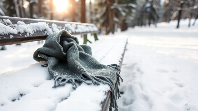 Grey scarf left on a snowy bench in a winter park