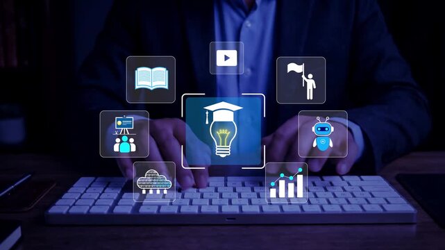 Soft skills, HR Skill development and training concept, Businessman with icons of soft skills in hand, AI training, Emotional intelligence, Human development resources, Business performance