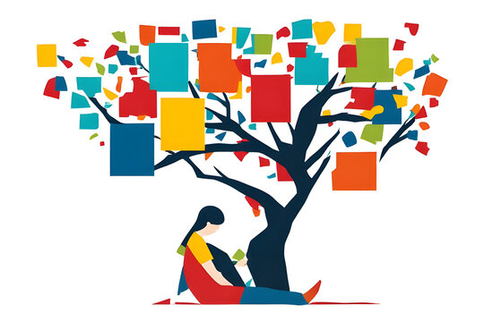 Person sitting under a vibrant knowledge tree adorned with colorful squares representing stories and ideas, symbolizing education, reading, and digital learning