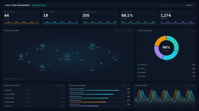 Cybersecurity analyst monitoring live red team engagement dashboard with attack graph tactic coverage, for network defense, ethical hacking, data security in 4k