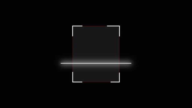 Futuristic scanning light bar revealing square frame with barcode scanner effect on black background. Futuristic QR code and barcode scanning animation with glowing square frame on black screen.