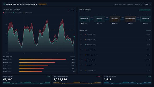Cybersecurity dashboard monitoring credential stuffing api abuse with live attack traffic graphs protection pipeline stages in, for network defense 4k, threat detection