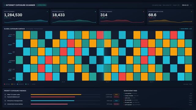 Cybersecurity dashboard with internet exposure scanner with colorful heatmap grid exposed services, for network monitoring, risk analysis, threat detection in 4k