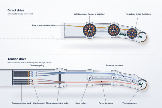 Labeled diagram comparing direct drive and tendon drive robot fingers, joint actuators versus forearm motor pack with flexor and extensor tendons