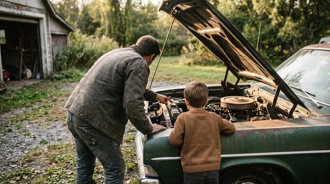 Father and son examine car engine in rural setting