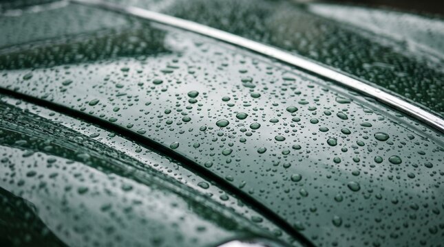 Close up of water droplets on a dark green car surface with chrome trim