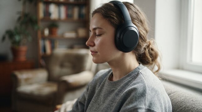 Young woman wearing headphones enjoying music with eyes closed in a cozy living room